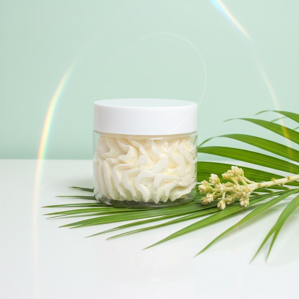 Détail de la texture fouettée d’un beurre corporel fouetté coco light, aspect crème chantilly de karité visible à travers un pot cosmétique.