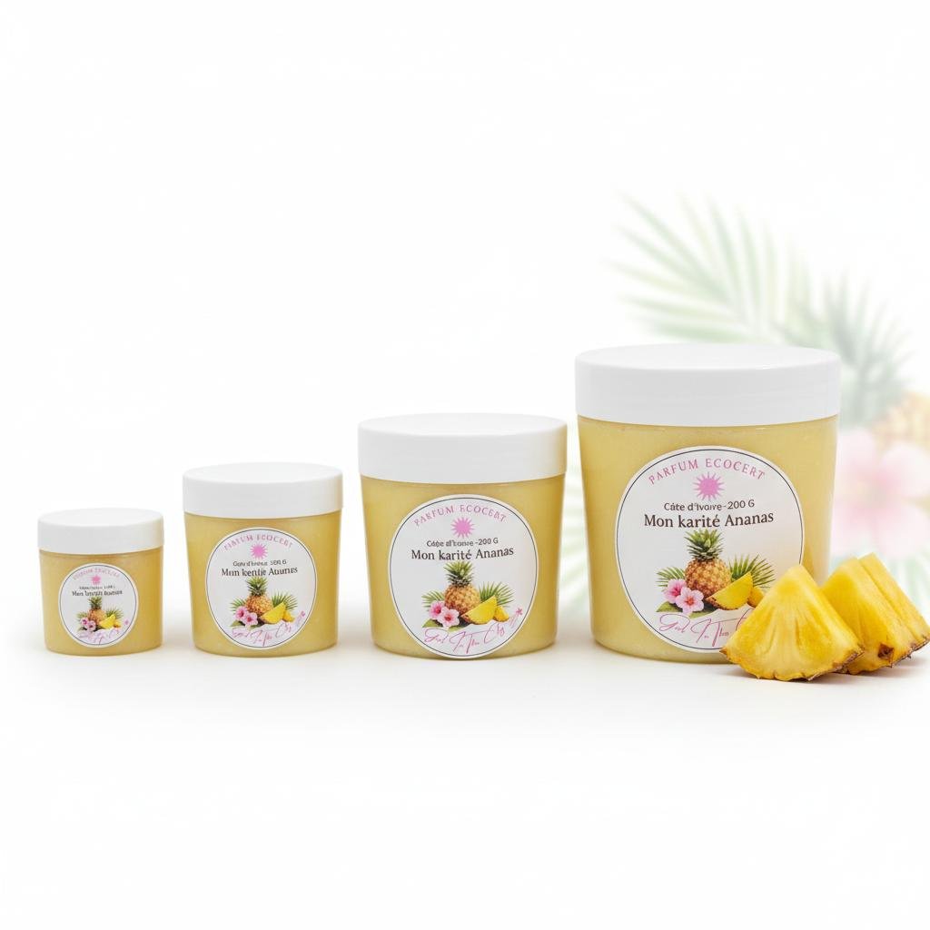 Pot de pur beurre de karité ananas au parfum tropical fruité, idéal pour les peaux dénutries.