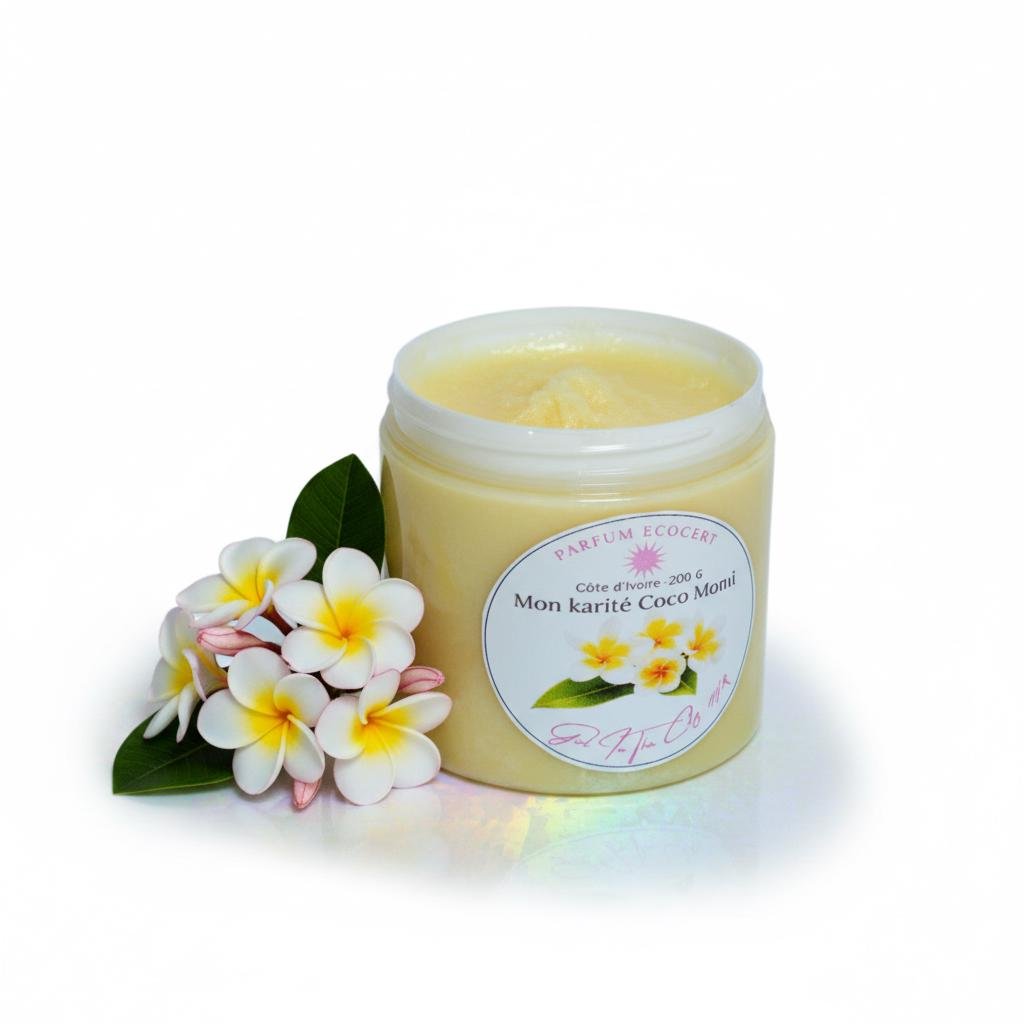 Soin corps et cheveux au pur beurre de karité monoï, parfait pour les longueurs sèches et les frisottis et les peaux dénutries