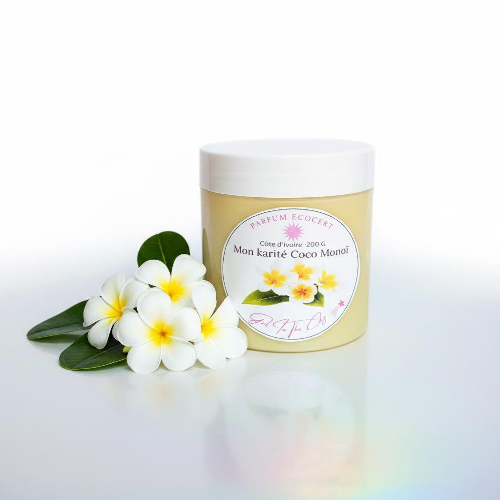 Pur beurre de karité monoï à la texture fondante, soin nourrissant pour le corps et les cheveux secs.