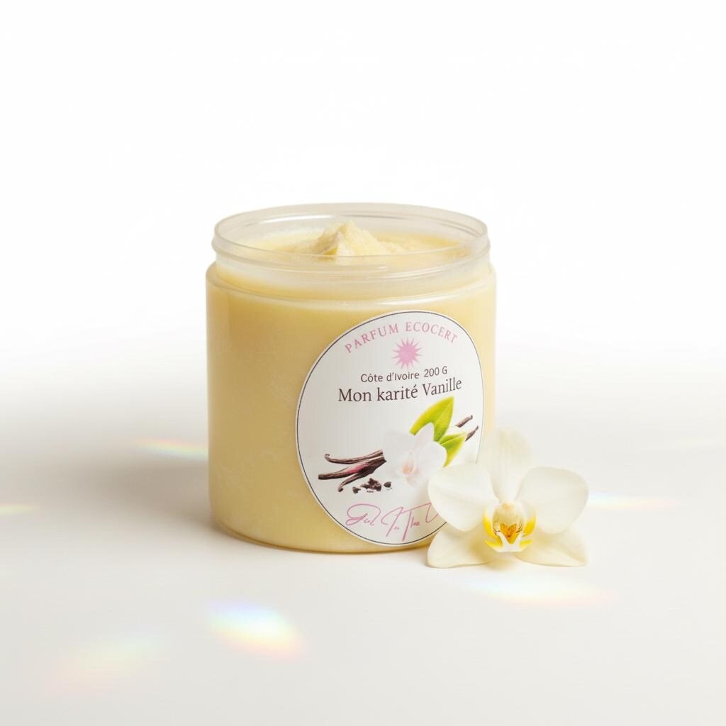 Pur beurre de karité vanille non raffiné, présenté en pot, idéal pour nourrir la peau sèche et les cheveux très secs.