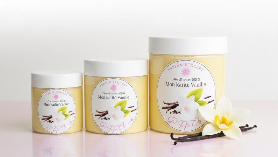 Gros plan sur le pur beurre de karité vanille, texture riche et onctueuse, soin naturel corps et cheveux. .