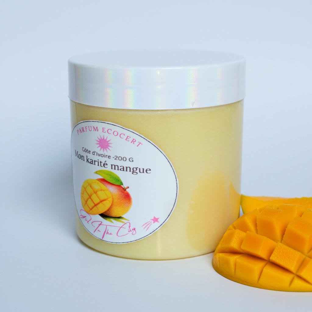 Texture onctueuse du beurre corporel mangue, beurre de karité naturel parfum mangue pour peaux sèches
