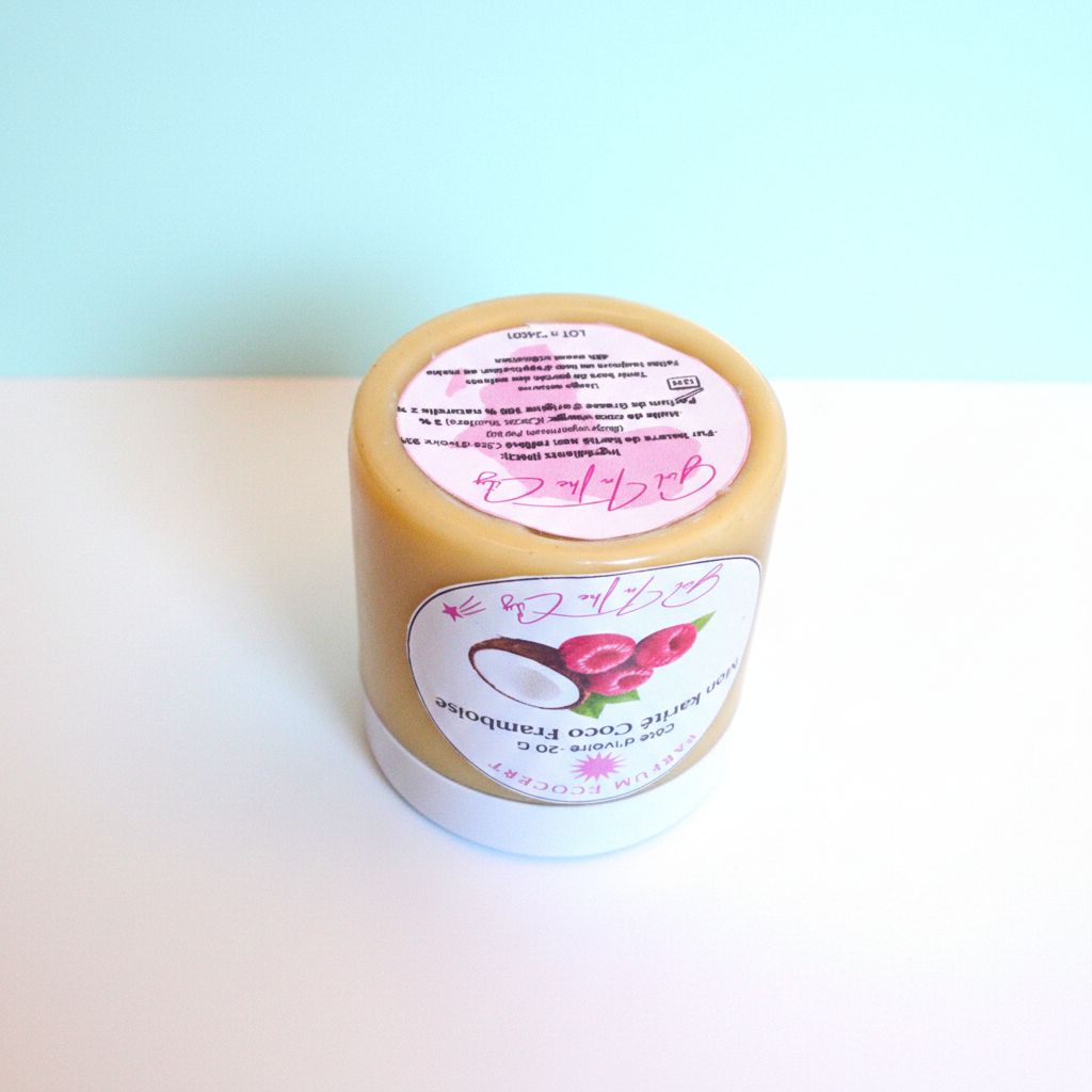 Beurre corporel coco framboise d’origine naturelle, sans silicones ni parabènes.