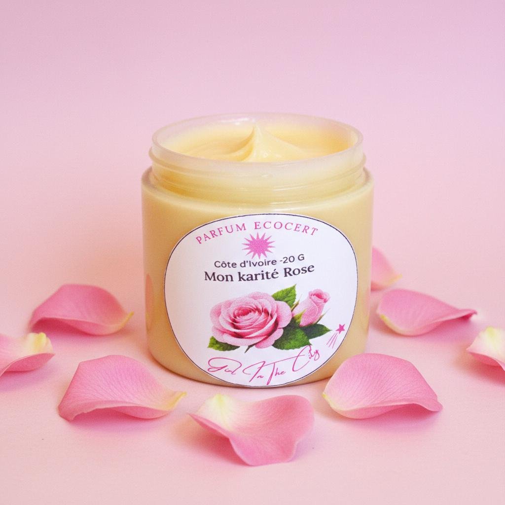 Texture fondante du beurre corporel rose, beurre de karité naturel parfum rose pour peaux sèches