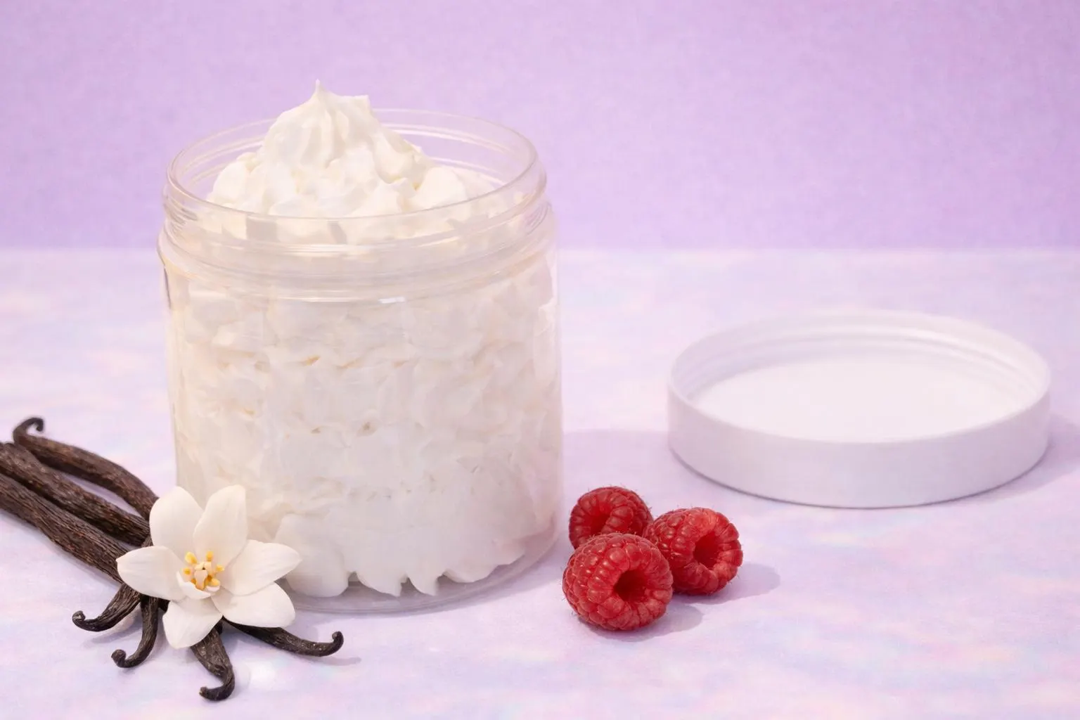Beurre corporel fouetté vanille framboise en pot — chantilly de corps riche au beurre de karité