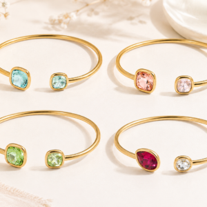 Bracelet jonc ouvert doré en acier inoxydable et cristaux