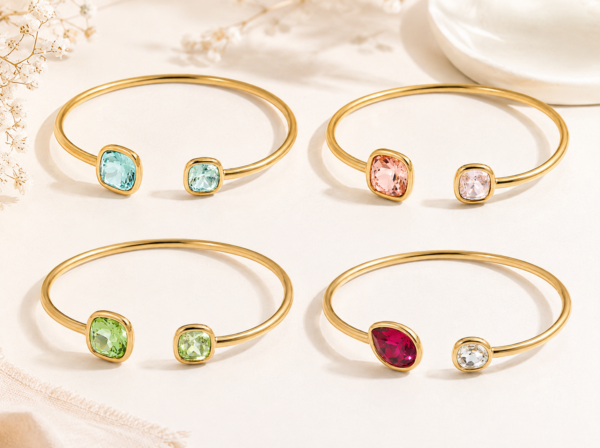 Bracelet jonc ouvert doré en acier inoxydable et cristaux